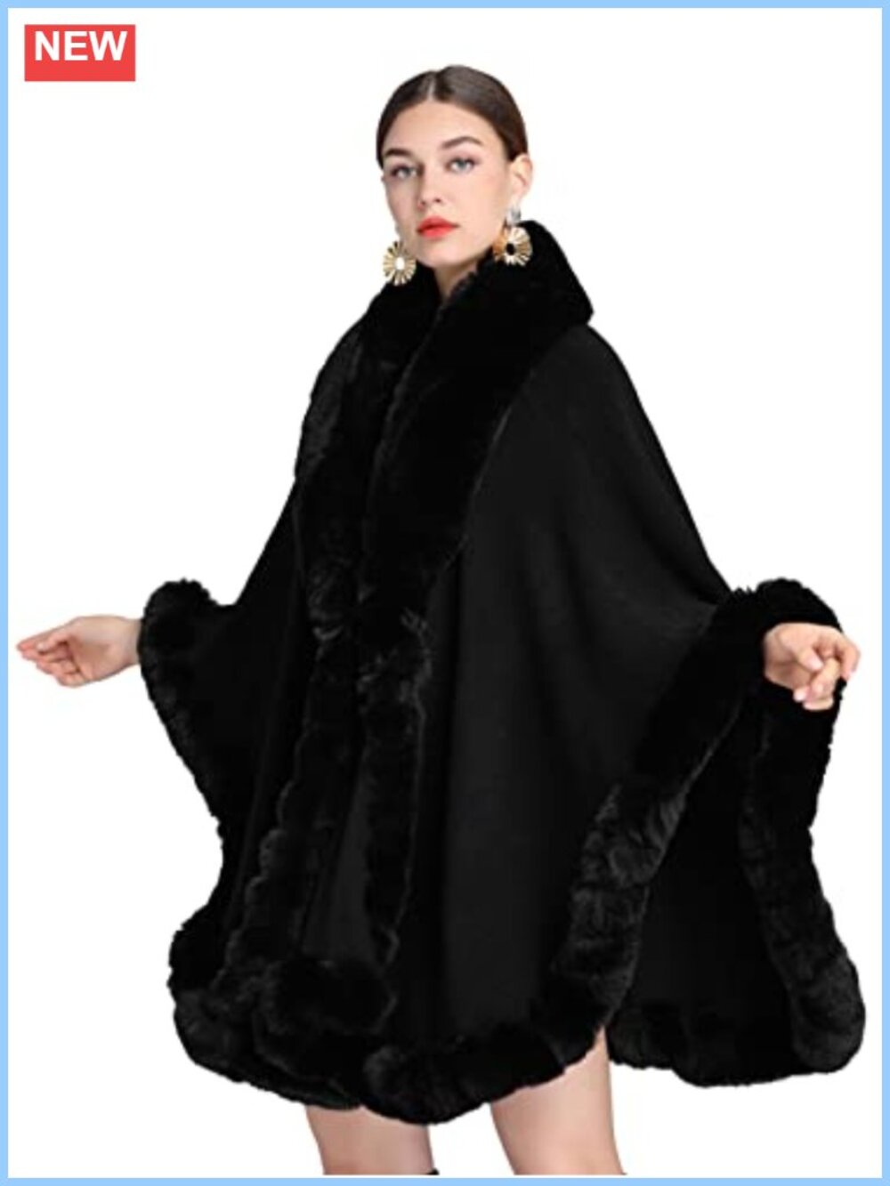 Faux Fur Collar Poncho Shawl Wrap Cape One Size